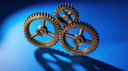 Abstract composition of interlocking bronze gears against a gradient blue background, representing mechanical efficiency, industrial design, or tech concepts.