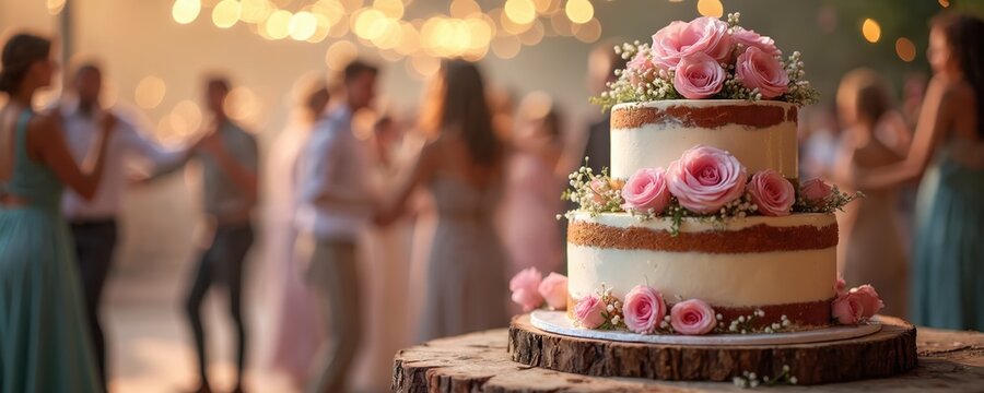 Elegant three-tiered wedding cake adorned with pink roses, baby breath. Set on rustic wood slice table at reception with guests dancing in blurred background. Celebration of love, union, sweet
