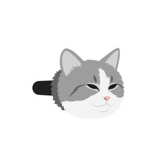 Obraz premium A cartoon gray and white cat's head, set against a stark black background, shows a serene and peaceful expression.