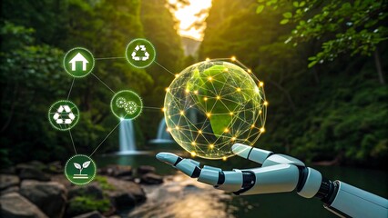 Robot hand holding glowing digital globe with sustainability and eco-friendly icons in nature background
