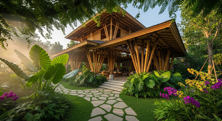 Obraz premium Stunning modern bamboo architecture nestled in lush tropical greenery, creating a serene oasis