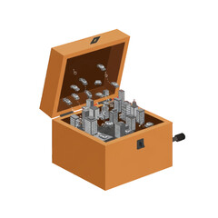 Fototapeta premium A whimsical miniature city, complete with vehicles, unfolds inside a charming wooden music box.