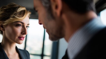 Two business colleagues engaged in professional conversation in a modern office environment for business communication, teamwork, or workplace scenes.