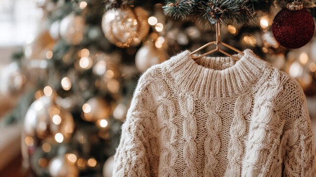Cozy cream sweater hanging on christmas tree with golden bokeh lights and festive ornaments creating warm holiday atmosphere and seasonal winter decor inspiration