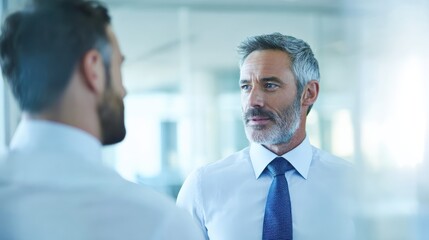 Two business colleagues engaged in professional conversation in a modern office environment for business communication, teamwork, or workplace scenes.