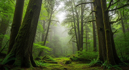Naklejka premium Mystical ancient forest path bathed in ethereal light, evoking tranquility and adventure
