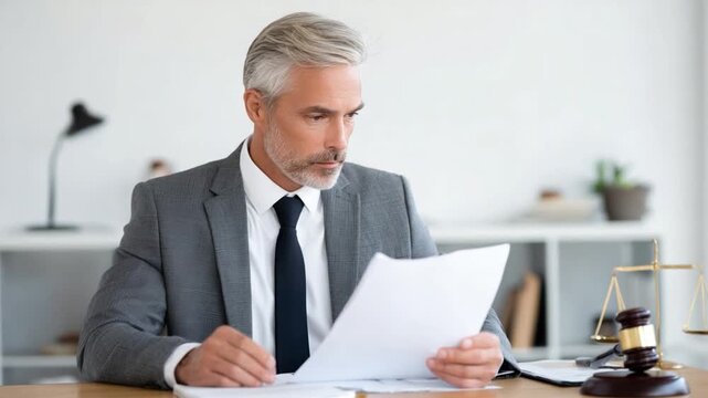 Legal Expertise in Focus: A distinguished legal professional, meticulously reviewing a crucial document at his desk, embodies the essence of competence and attention to detail.