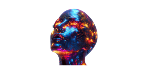Futuristic Digital Human Head With Neon Lights. Symbolizes Artificial Intelligence And Technology Innovation Isolated On Transparent Background