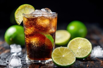 Refreshing cola drink served with lime slices and ice cubes, perfect for hot summer days in a cozy indoor setting
