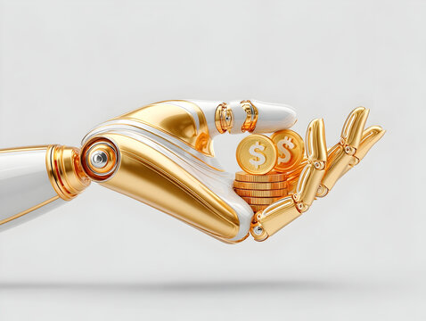 White and gold robotic arm gently holding a stack of shiny gold coins with dollar symbol embossed on top, representing the growing influence of artificial intelligence in finance and investment