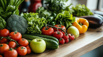 A variety of fresh vegetables, including tomatoes, lettuce, broccoli, and cucumbers, are neatly arranged on a wooden table in a vibrant kitchen. This promotes healthy meal preparation.