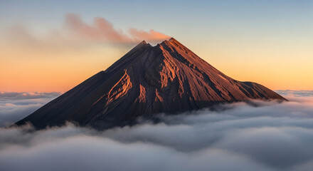 Fototapeta premium Majestic volcano erupting with smoke above clouds at sunrise, bathed in golden light.