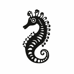 Fototapeta premium Stylized seahorse drawing with artistic embellishments showing organic curves, dark sea silhouette