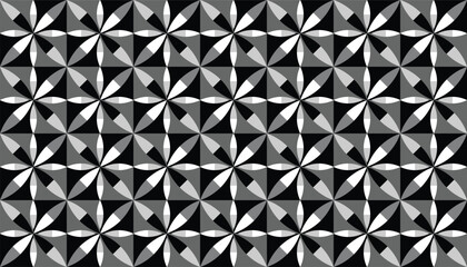 Seamless geometric pattern with abstract floral pinwheel shapes in black, white, and gray