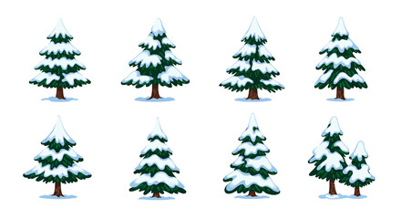 Collection of cartoon style snow covered evergreen trees.