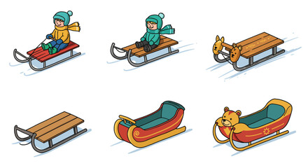 Collection of colorful cartoon sleds and toboggans for kids.