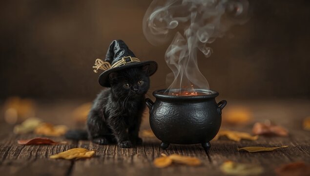 Halloween black kitten in witch's hat with pot of potion on wooden background. Blurry background, selected focus.