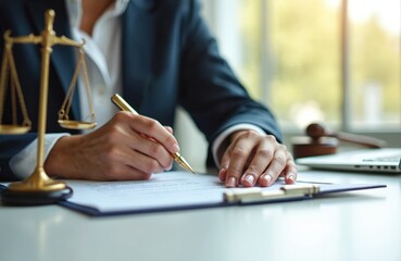 Lawyer reviewing legal documents with scales of justice, gavel in office. Pro counsel providing legal assistance, advocacy, court guidance. Ensuring consumer rights, legal protection through