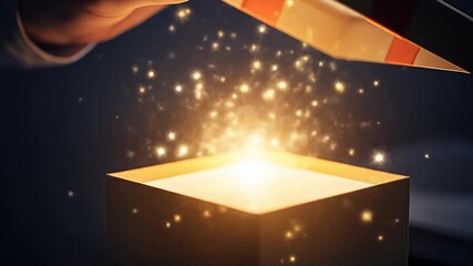 Hand opening glowing gift box revealing magical light and sparkle