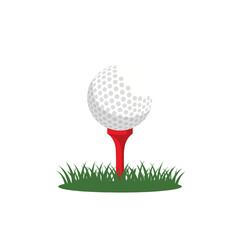 A golf ball sits atop a red tee, resting in a patch of green grass against a black background.