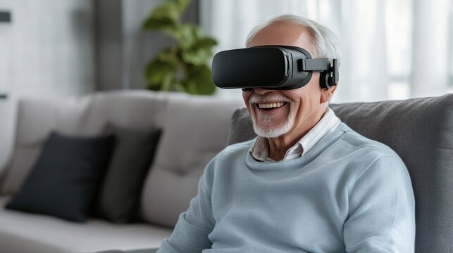 Senior Man Wearing VR Glasses To Experience Virtual Reality - Material For Scene Of Technology Integrating With Elderly Life