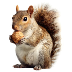 Obraz premium A fluffy grey squirrel holding a nut in its paws captured in a detailed studio shot isolated on transparent background