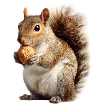 A fluffy grey squirrel holding a nut in its paws captured in a detailed studio shot isolated on transparent background