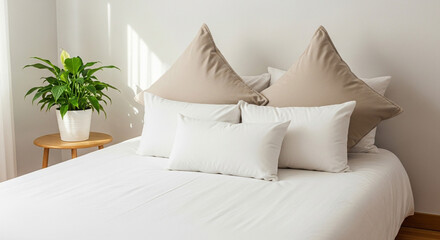 Serene bedroom scene featuring a neatly made bed with crisp white linens and neutral pillows, bathed in soft light.