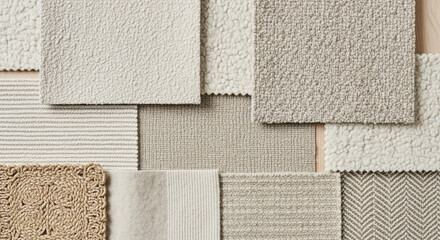 Fototapeta premium Diverse textures and neutral tones of fabric swatches arranged for interior design inspiration