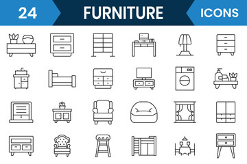 Modern Furniture line icon and home interior vector symbol such as chair, table, Stylish home decoration elements. Furniture icon set. Vector illustration.