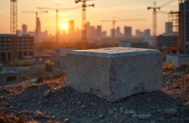 Foundation stone at construction site. Large, solid granite block strength, stability, beginning of new building project. Urban development, engineering progress, industrial infrastructure visible