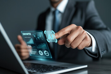 Businessman touching an ai button on a cutting edge virtual screen, analyzing growth metrics, charts, and data to drive business intelligence and strategic decision making