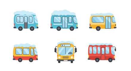 Collection of snowcovered buses in various colors and angles.