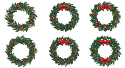 Collection of Six Festive Christmas Wreaths with Red Bows and Ornaments.