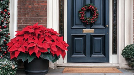 Festive poinsettia decorates front door entrance; Christmas wreath & garland
