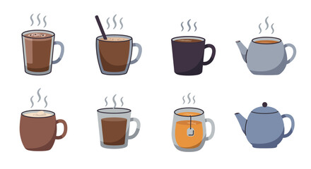 Collection of steaming hot beverages in various cups and teapots.