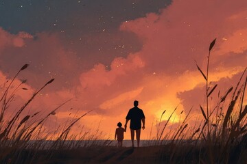 Father and child enjoying a joyful moment during sunset on a serene beach, celebrating Father's Day amidst nature's beauty