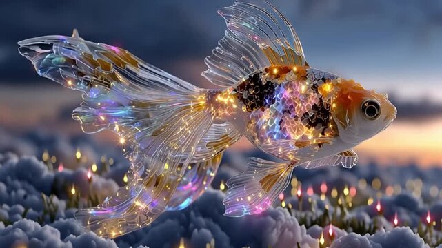 surreal cute goldfish swimming in the sky with clouds shaped like cotton candy and rainbow sparkles glowing softly illustration, whimsical pastel cute design, kawaii surreal fantas

