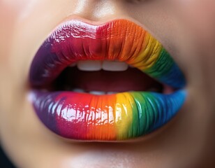 Close-up of woman lips with vibrant rainbow color lipstick. Smooth, glossy finish with gradient shades of purple, blue, green, yellow, orange, and red. Perfect for beauty, makeup, and pride themes.