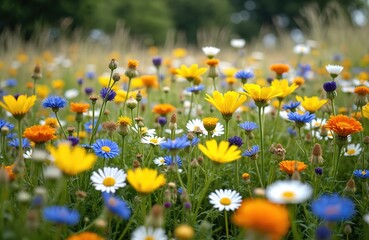 Vibrant meadow bursts with British wildflowers in yellow, orange, pink, blue hues. Chamomile, daisies, marigolds, mallow bloom under summer sun. Nature beauty showcased in natural floral botanical