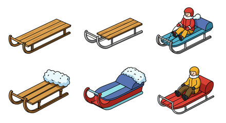 Collection of Winter Sleds and Sledding Illustrations for Recreation.