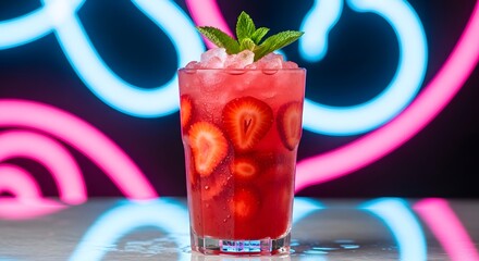 A vibrant and refreshing strawberry cocktail with fresh mint and crushed ice, beautifully presented against a glowing pink and blue neon light background