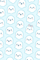 Cute bubble ghost seamless pattern with kawaii faces