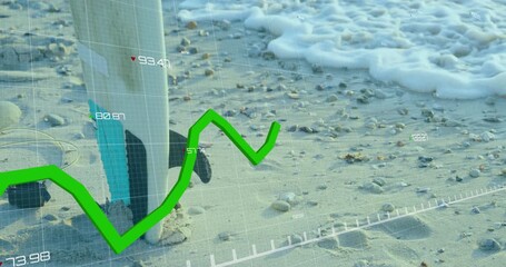 Animation of graph with numbers over surfboard and waves in ocean - Powered by Adobe