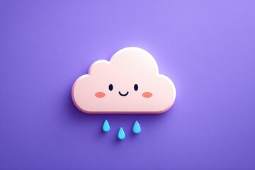 Cute Cloud with Smiling Face and Raindrops on Soft Purple Background