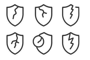 Set of broken shield line icons. Concept of vulnerability, risk, data breach, and failed security. Damaged defense pictogram. Unprotected, weak, no safety symbol. Vector icons.