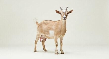 Curious brown goat with gentle eyes stands confidently on a clean, neutral studio background.