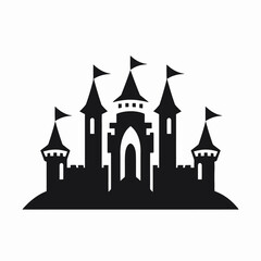 Obraz premium Enchanting fairytale castle with flags waving freely in black silhouette