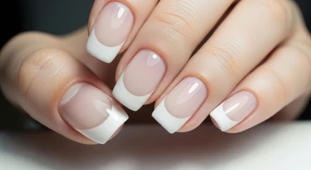 Wanddecoratie Nagelstudio Close up of a hand with french manicure showing clean and well groomed nails on a light background  © MdAbdullaAll