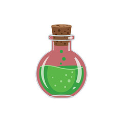 A stylized illustration of a glass flask filled with a vibrant green liquid, with a light brown cork stopper.